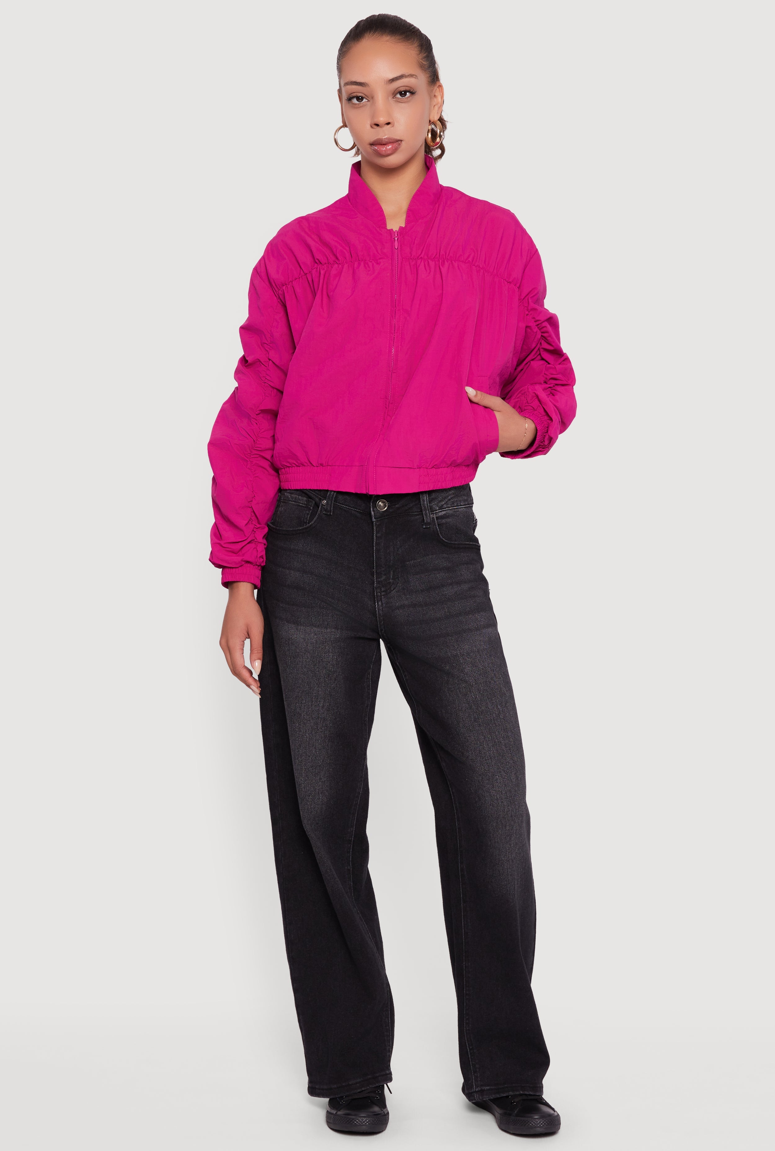 Ruched Long Sleeve Zip Front Windbreaker Jacket
