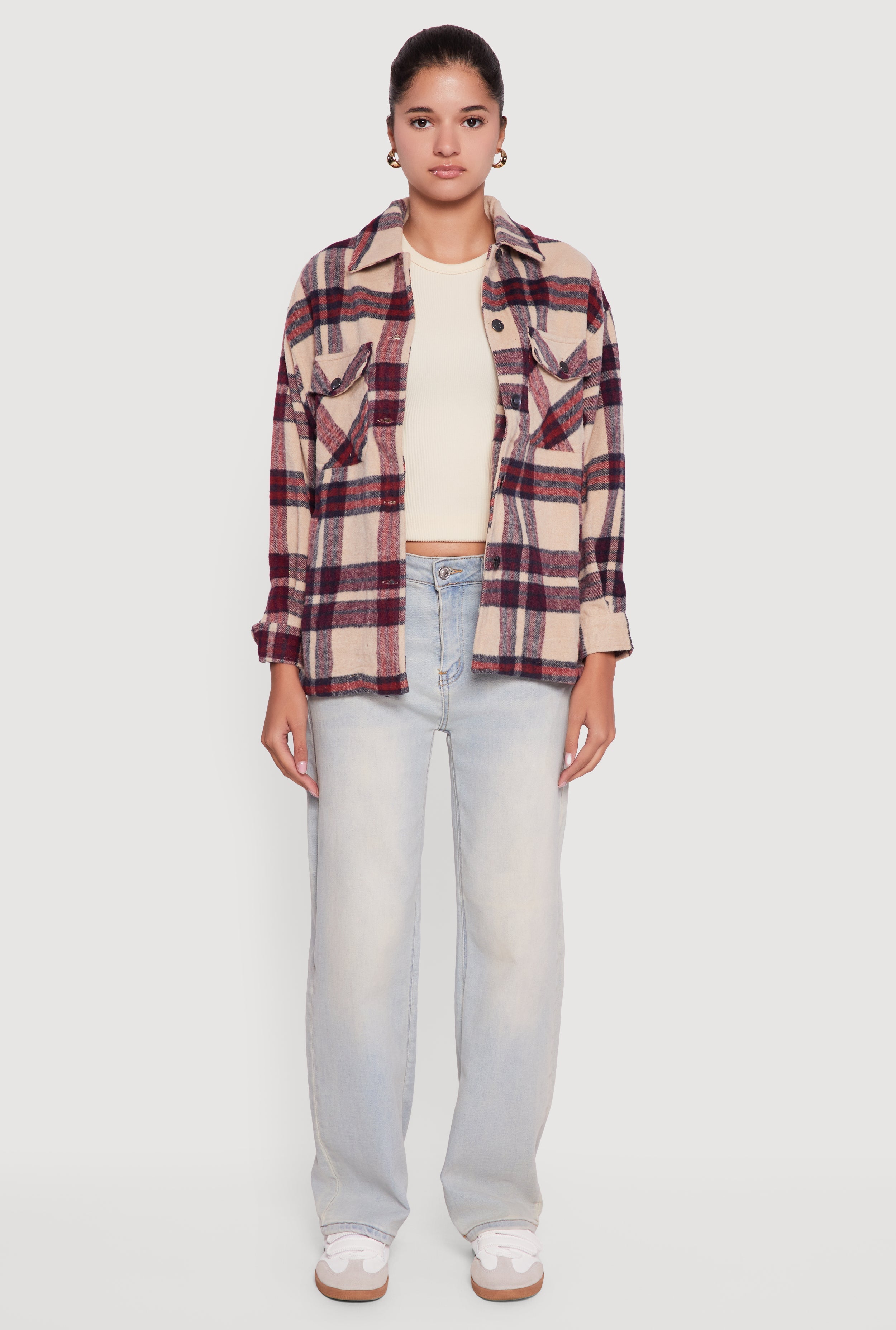 Plaid Brushed Knit Button Front Shacket
