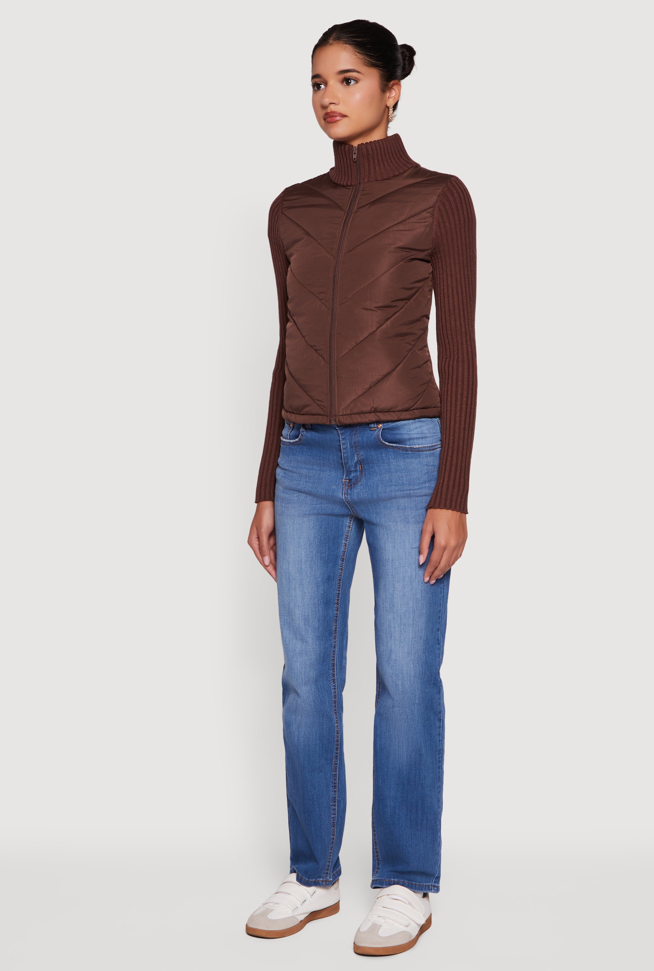 Quilted Puffer Jacket with Ribbed Knit Sleeves